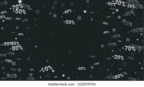 Percent Sings on Dark Background. Black Poster with Silver Percent Sings and Snowflakes. Vector Discount Sale Background.
