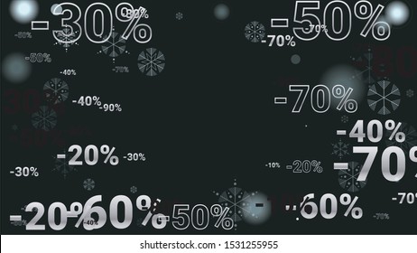 Percent Sings on Dark Background. Black Poster with Silver Percent Sings and Snowflakes. Vector Discount Sale Background.