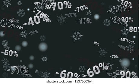 Percent Sings on Dark Background. Black Poster with Silver Percent Sings and Snowflakes. Vector Discount Sale Background.