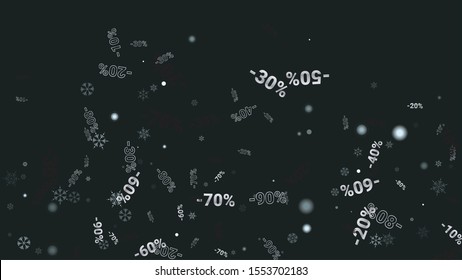 Percent Sings on Dark Background. Black Poster with Silver Percent Sings and Snowflakes. Vector Discount Sale Background.