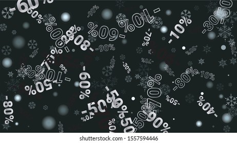 Percent Sings on Dark Background. Black Poster with Silver Percent Sings and Snowflakes. Vector Discount Sale Background.