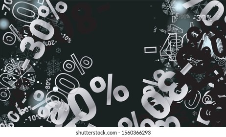 Percent Sings on Dark Background. Black Poster with Silver Percent Sings and Snowflakes. Vector Discount Sale Background.