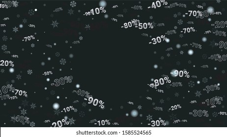 Percent Sings on Dark Background. Black Poster with Silver Percent Sings and Snowflakes. Vector Discount Sale Background.