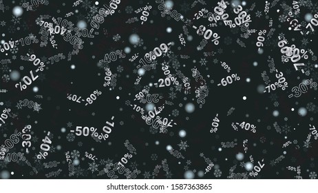Percent Sings on Dark Background. Black Poster with Silver Percent Sings and Snowflakes. Vector Discount Sale Background.