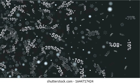 Percent Sings on Dark Background. Black Poster with Silver Percent Sings and Snowflakes. Vector Discount Sale Background.