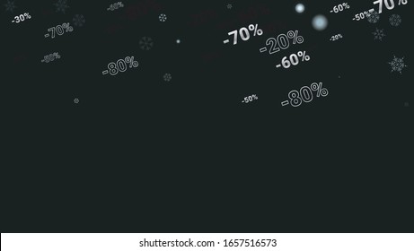 Percent Sings on Dark Background. Black Poster with Silver Percent Sings and Snowflakes. Vector Discount Sale Background.