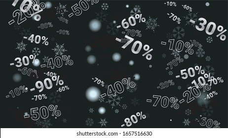 Percent Sings on Dark Background. Black Poster with Silver Percent Sings and Snowflakes. Vector Discount Sale Background.
