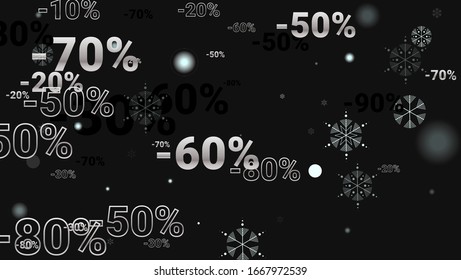 Percent Sings on Dark Background. Black Poster with Silver Percent Sings and Snowflakes. Vector Discount Sale Background.