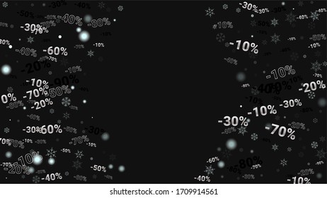 Percent Sings on Dark Background. Black Poster with Silver Percent Sings and Snowflakes. Vector Discount Sale Background.