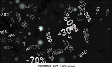 Percent Sings on Dark Background. Black Poster with Silver Percent Sings and Snowflakes. Vector Discount Sale Background.