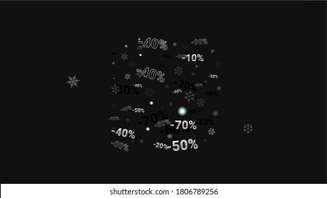 Percent Sings on Dark Background. Black Poster with Silver Percent Sings and Snowflakes. Vector Discount Sale Background.