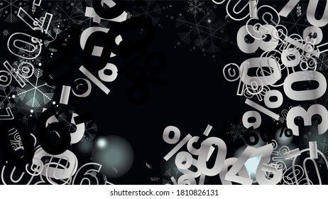 Percent Sings on Dark Background. Black Poster with Silver Percent Sings and Snowflakes. Vector Discount Sale Background.
