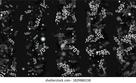 Percent Sings on Dark Background. Black Poster with Silver Percent Sings and Snowflakes. Vector Discount Sale Background.