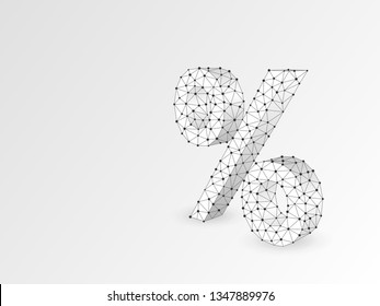 Percent symbol abstract origami 3d illustration. Polygonal Vector business concept of banking, calculation, discount. Low poly wireframe, geometry triangle, lines, dots, polygons on white background