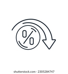 Percent symbol and arrow to down. Interest low . Discount , reduction,  decrease. Vector linear icon illustration isolated on white background.