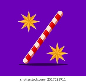 Percent symbol as candy cane with decorative stars. Merry christmas font, xmas alphabet, cartoon winter holiday type, festive typeface. Vector holiday season abc character, percentage sign or glyph