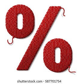 Percent symbol of knitted fabric isolated on white. Fragment of crocheting in shape of percentage sign. Vector illustration