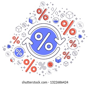 Percent symbol and loop arrow, taxes, return on investment, refund, stock market, refinance, bookkeeping and accounting, vector design.
