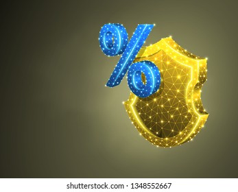 Percent symbol on security shield, abstract colorful 3d illustration. Polygonal Vector business concept of banking, calculation, discount protection. Low poly wireframe, geometry triangle, lines, dots