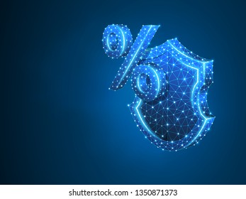 Percent symbol on security shield, abstract neon 3d illustration. Polygonal Vector business concept of banking, calculation, discount protection. Low poly wireframe, geometry triangle, lines, dots
