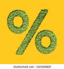 Percent symbol. Realistic vertical garden character, discount of green leaves on a white background. Advertising sale of plants, healthy food, ecology, environmental protection.