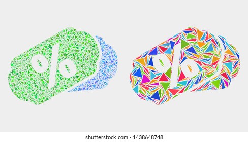Percent tags mosaic icon of triangle items which have various sizes and shapes and colors. Geometric abstract vector illustration of percent tags.