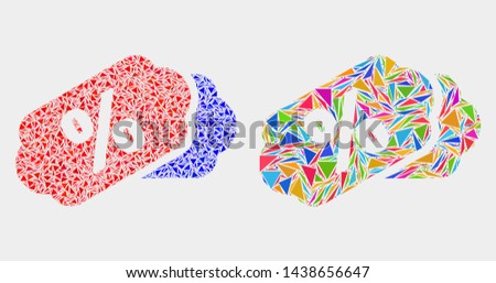 Percent tags mosaic icon of triangle elements which have variable sizes and shapes and colors. Geometric abstract vector design concept of percent tags.