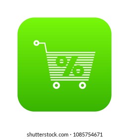 Percent trolley icon green vector isolated on white background