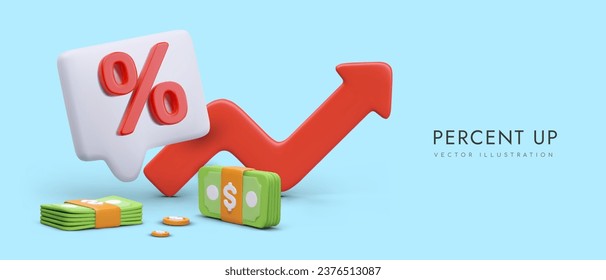 Percent up. Big red business arrow, money, comment sign with percentage. Concept of earnings, interest rate increase. Vector color banner in cartoon style