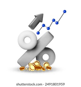 Percent up. Icon percent with arrow, golden coins and graph. Market analysis halftone 3D design, investment or interest rate