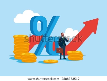 Percent up. Interest rate hike due to inflation percentage rising up. Vector flat illustration