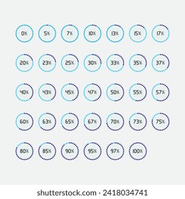 Porcentaje 1 5 10 15 20 25 30 35 40 45 50 55 60 65 70 75 80 85 90 95 100%. Gráfico circular de gráficos circulares infografía de 0 a 100 números elementos diseño web interfaz de usuario UX