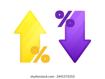 Percentage with arrow up and down. 3D blend design of arrow with percent sign. Design concept for banking, credit, interest rate, finance and money sphere. Vector illustration.