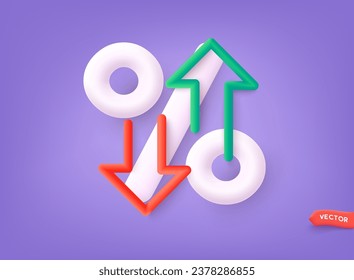 Percentage with arrow up and down, 3d icon. Design concept for banking, credit, interest rate, finance and money sphere. 3D Vector Web llustrations.