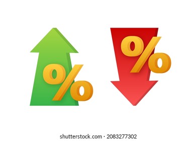Porcentaje con flecha hacia arriba y hacia abajo. Banca, crédito, tipo de interés. Ilustración de material vectorial.
