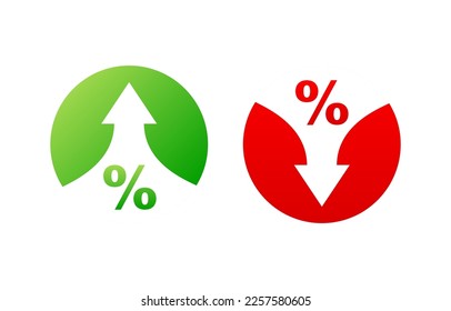 Porcentaje con flecha hacia arriba y hacia abajo. Crecimiento porcentual, tasa de interés. Banca y crédito.