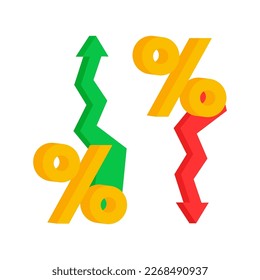 Porcentaje con flecha hacia arriba y hacia abajo. Crecimiento porcentual, tasa de interés. Banca y crédito.