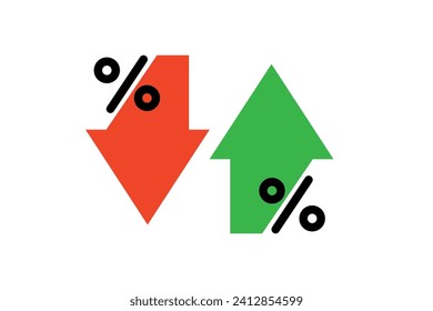 Percentage arrow up and down icon. Percent flat icon. Price increase, decrease. Business simple symbol. Vector illustration isolated on white background.