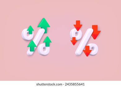 Prozentsatz mit Pfeil nach oben und unten. Prozentpfeil mit Prozentzeichen. Designkonzept für Bank-, Kredit-, Zins-, Finanz- und Geldsphäre.3D Web Vector Illustrationen.