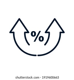 Percentage, up arrow. Increase in fees, commissions, investments, interest rates. Vector linear icon isolated on white background. 