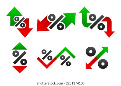 Flecha porcentual con colección de signos Porcentaje. Iconos de flecha hacia arriba y hacia abajo. Concepto de banca, crédito, tipo de interés, finanzas y esfera monetaria. Ilustración vectorial.