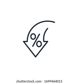 Percentage, arrow, reduction. Reduction of fees, commissions, investments.Vector linear icon isolated on white background.