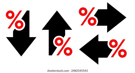 Percentage with arrow up, down, left and right line icon. Percentage arrow with percent sign. Design concept for banking, credit, interest rate, finance and money increase and decrease.