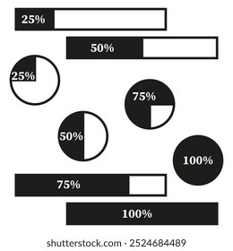 Percentage bars and pie charts. Black and white progress indicators. Data visualization elements. Infographic vector design.