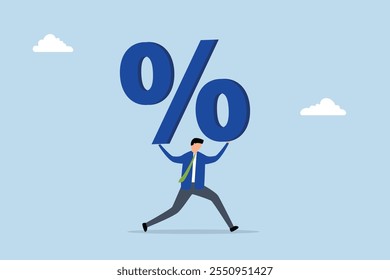 Percentage, businessman carry heavy percentage sign.