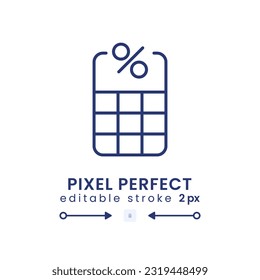 Icono de escritorio lineal de calculadora de porcentaje. Tasa impositiva. Interés de préstamo. Rentabilidad de la inversión. Píxel perfecto, contorno 2px. GUI, diseño UX. Elemento de interfaz de usuario aislado para el sitio web. Trazo editable