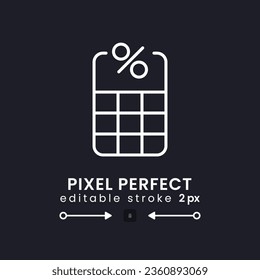 Percentage calculator white linear desktop icon on black. Tax rate. Loan interest. Investment return. Pixel perfect, outline 2px. Isolated user interface symbol for dark theme. Editable stroke