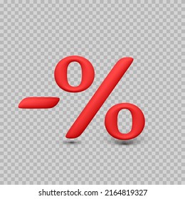 Percentage character 3D with minus sign. Red percent symbol on transparent background. Vector illustration
