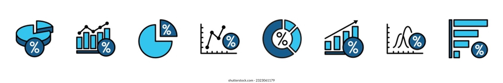 Percentage chart in blue color icon set. Percentage or percent of marketing, database, statistics, analytics, server, profit graph, performance and more. Vector illustration