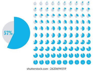 Icono de gráfico circular de porcentaje para la visualización de datos de 1 a 100 por ciento. Diagrama de porcentaje radial para uso infográfico. Icono de gráfico circular segmentado para imágenes de análisis. Ilustración vectorial